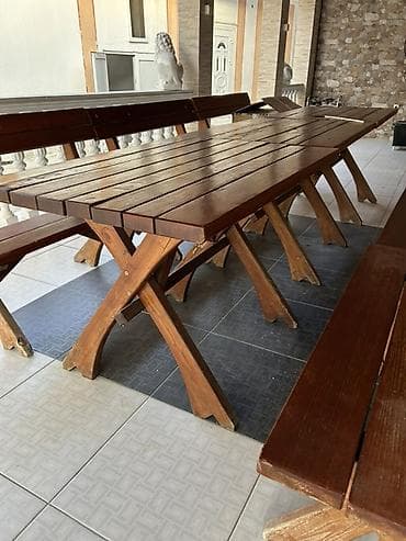 Drveni baštenski set – dugački sto sa klupama - Materijal: puno drvo