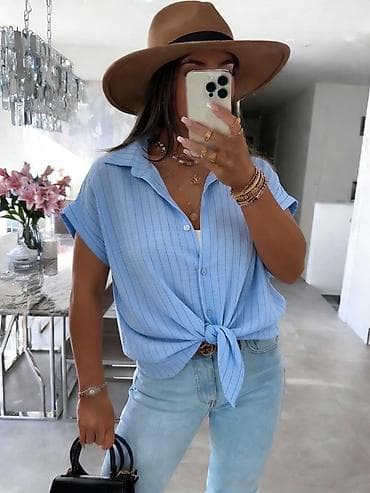 asimetricna tunika: Ženska košulja sa prugama – kratki rukavi, kopčanje na dugmad — 4