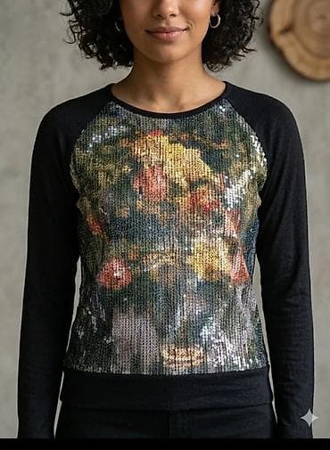 Ženska majica dugih rukava sa sekvinama i floralnim printom - Boja