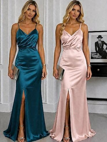 šampanj boja: 🎗️ Haljina – 3100 din - Elegantna duga satenska haljina sa prorezom — 1