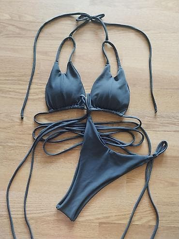 leopard sako: Dvodelni kupaći kostim – tamnosivi - Model: trouglasti bikini sa — 3