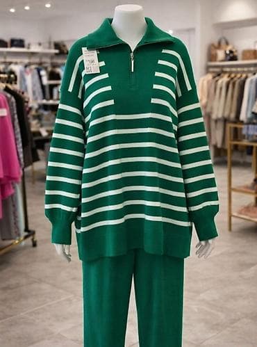zelena torba: Ženski pleteni komplet – džemper na pruge i pantalone - Boja — 1
