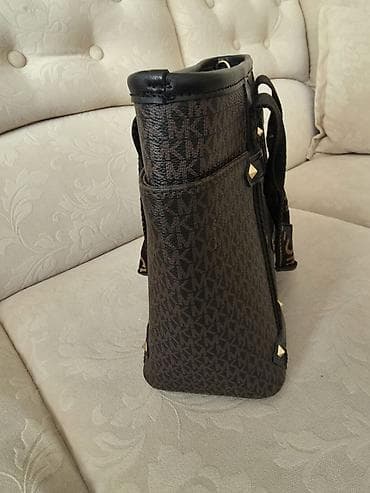 nakit bizuterija novi sad: Michael Kors tote torba, tamno braon monogram (MK) platno sa crnim — 4