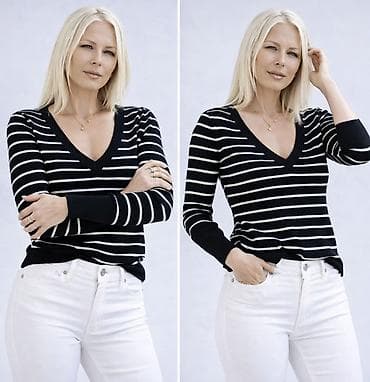 Prugasti ženski džemper s V-izrezom - Klasičan crno-beli dzemper sa na lalafo.rs Prugasti ženski džemper s V-izrezom - Klasičan crno-beli dzemper sa