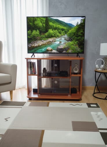 TV/Hi-Fi komoda od drveta (imitacija trešnje) sa staklenim frontom. - na lalafo.rs TV/Hi-Fi komoda od drveta (imitacija trešnje) sa staklenim frontom. -