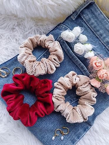 dugi rep umetak: Set baršunastih scrunchie gumica za kosu – bordo/crvena - Materijal — 10