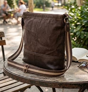 bonatti torbe: Torba preko ramena – platno i prirodna koža, tamno smeđa - Materijal — 1