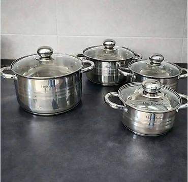 sudovi: Set lonaca od nerđajućeg čelika – 8 dela sa staklenim poklopcima - — 4