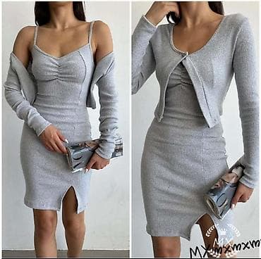 bez bluze: Dvodijelni ženski komplet – rebrasta haljina + bolero kardigan - — 2