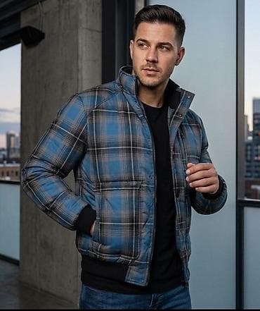 Muška karirana zimska jakna – plavo‑sivi tartan - Topla, prošivena