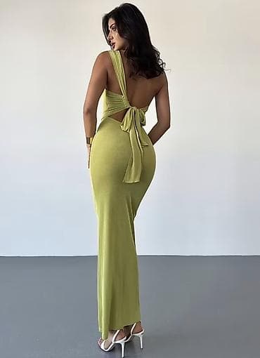 Elegantna asimetrična duga haljina – limunasto zelena - Kroj
