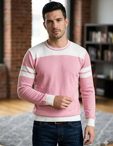 ps bele pantalone: Muški džemper – roze/belo - Model: džemper sa okruglim izrezom - — 1