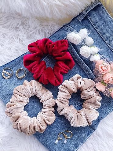 dugi rep umetak: Set baršunastih scrunchie gumica za kosu – bordo/crvena - Materijal — 9