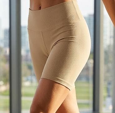 beli bison: Ženske rebraste biciklističke helanke – bež - Visok struk sa širokim — 1