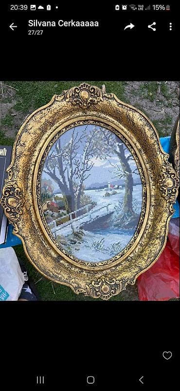 Ručni goblen u dekorativnom ovalnom ramu - Motiv: zimski pejzaž sa