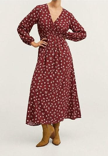 Duga cvetna haljina u boji vina - Kroj: maxi dužina, blago A-linija;