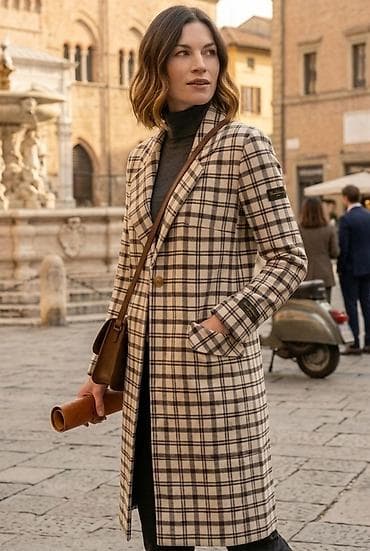 Jackets, Coats, Vests: Ženski kaput sa kariranim dezenom - Kroj: ravna silueta do ispod — 1