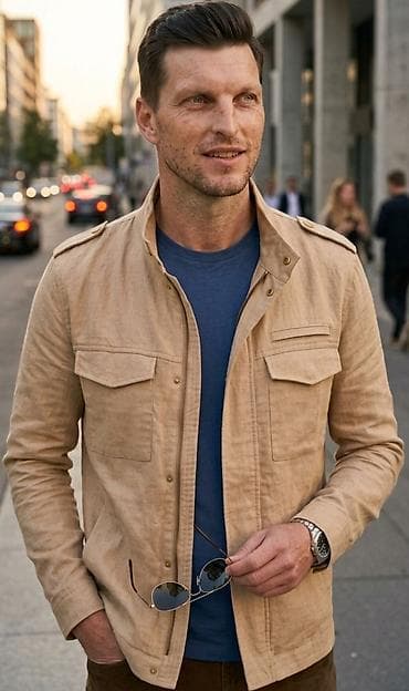 Jakne: Muška bež jakna – casual/utility stil - Materijal: lagan, prozračan — 1