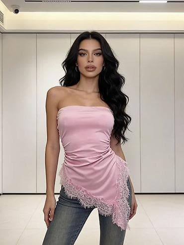 Skafanderi: ✅Ružičasti top bez naramenica sa asimetričnim porubom i čipkanim — 3