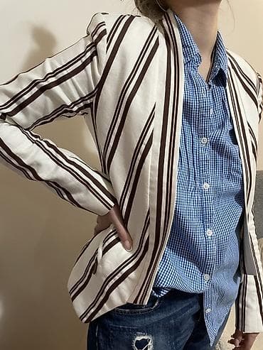 Sweatpants: Ženski bež blejzer sa braon prugamа, Ps fashion vel 38. Strukirani — 1