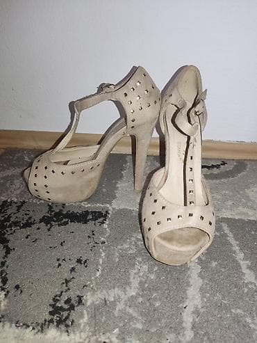 Bež ženske sandale na štiklu sa platformom - Model: T-strap (remen