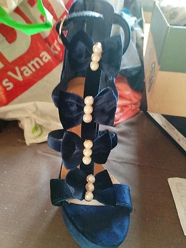 nine west salonke: Ženske sandale na visoku štiklu – tamnoplave, baršunaste - Materijal — 4