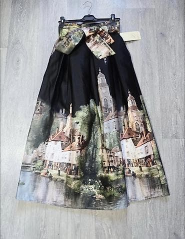 obuca vesna: ❤️Midi suknja sa pejzažnim printom i velikom mašnom - Dužina — 4
