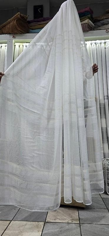 posteljina po meri: Poluprozirne zavese – bela i krem varijanta, sa tkanoj prugom/dekorom — 10