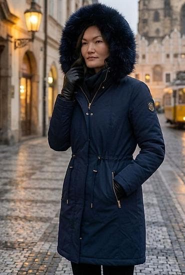 Ženska zimska parka, tamnoplava - Topla, duža parka kroja do iznad