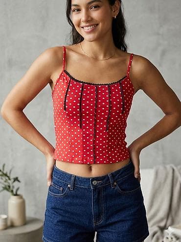 patike a: Crveni ženski top na tregere sa belim tufnama - Uzorak: bele tufne po — 1