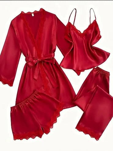 pidzame jednodelne: Ženski satenski set za spavanje – 5 delova, bordo/crvena - Materijal — 3