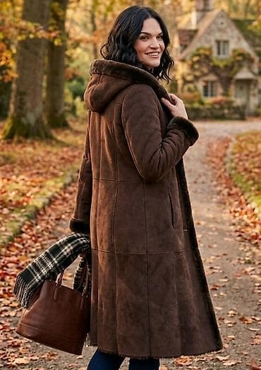 Ženski kaput sa kapuljačom – dugi, topli, u tamno braon boji -