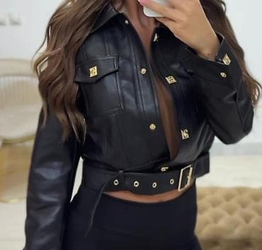 kofer za auto: Ženska kratka kožna jakna sa kaišem – crna- Univerzalna odgovara za M — 1