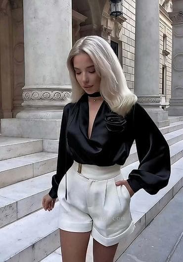 markirane kosulje: Svilena ženska bluza sa dekorativnom ružom - Materijal: glatka — 3