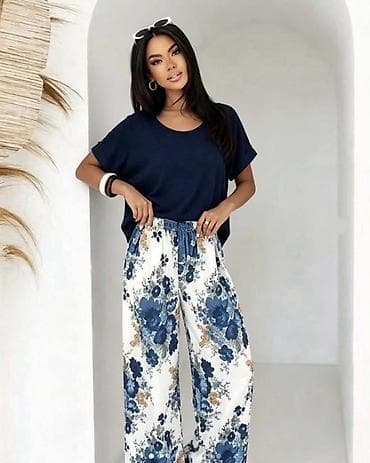 mindjuse cvet: Ženski komplet – oversized majica i široke pantalone sa floralnim — 5