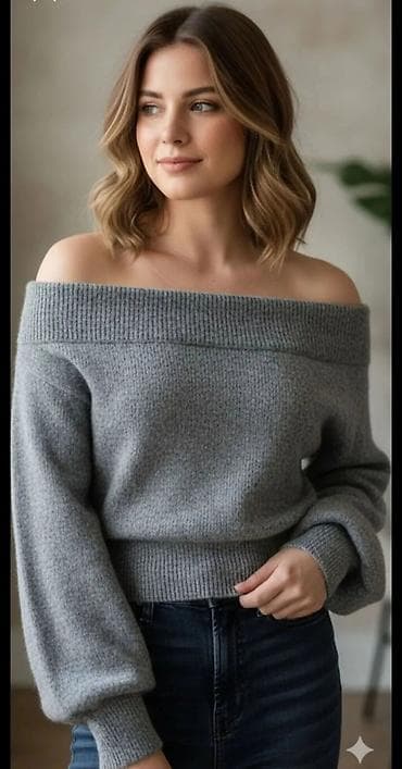 zara torbice preko ramena: Ženski pleteni džemper – siva boja, model spuštenih ramena — 1