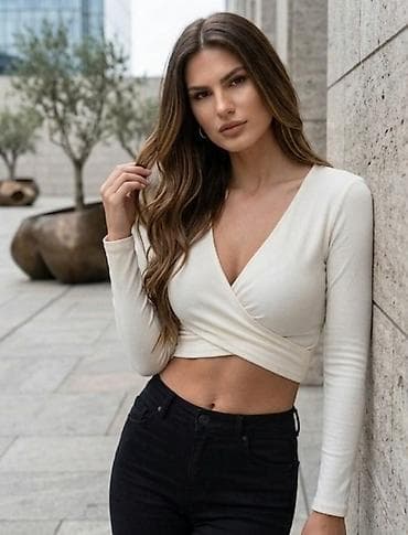 sorc suknja: Ženski crop top dugih rukava – beli, preklopni dizajn - Model: top sa — 1