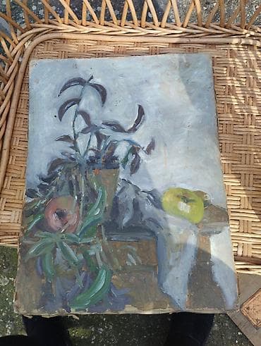 lampa u obliku meseca: Ulje na ploči – mrtva priroda sa saksijom i jabukom - Tehnika: ulje — 2