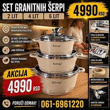 jysk ogledala za zid: Set granitnih šerpi König – 3 dela: 2 L, 4 L i 6 L. Ključne — 1