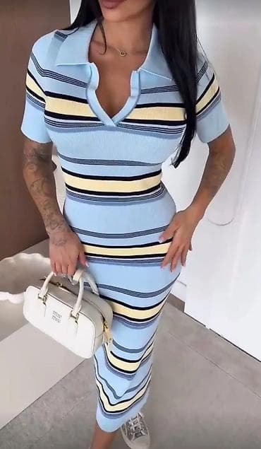 sorc ispod koljena: Ribana midi haljina sa prugama i kragnom - Kroj: pripijena silueta — 3