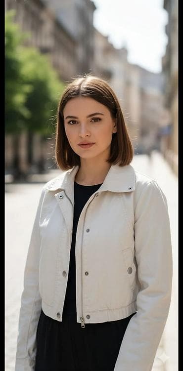 Kratka ženska jakna – svetla bež/ekru boja - Kroj: kratka, ravna