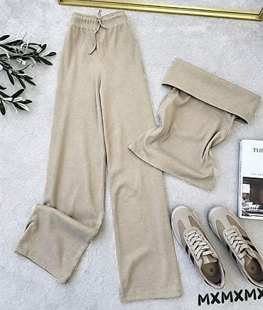 Kompleti: Ženski komplet – top na preklop bez naramenica + pantalone ravnog — 3