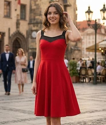 Elegantna crvena haljina A‑kroja - Boja: intenzivno crvena sa crnim