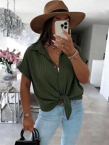 asimetricna tunika: Ženska košulja sa prugama – kratki rukavi, kopčanje na dugmad — 6