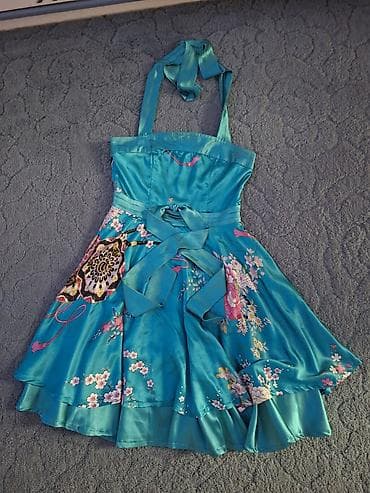 Haljina na vezivanje oko vrata, turkizno-plava, sa cvetnim printom - — 1