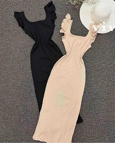 Ženska rebrasta haljina sa volan rukavima - Model: uska midi haljina na lalafo.rs Ženska rebrasta haljina sa volan rukavima - Model: uska midi haljina