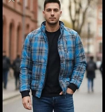 Muška karirana jakna – plavo/siva - Tip: kratka, prošivena zimska