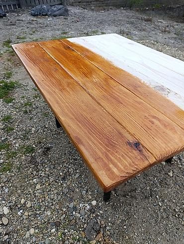 Stilski klub stolovi: Drveni sto sa metalnim nogama – ručni rad - Gornja ploča: masivno — 8