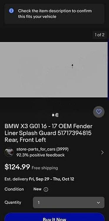 masne za automobile: POTKRILO PL G01 G02 ZA BMW X3, X4 | BMW x3 g01 x4 g02 prednje levo — 3