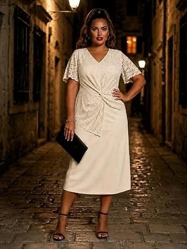 blondy haljine: Elegantna midi čipkana haljina s preklopom - Kroj: midi dužina, blago — 1